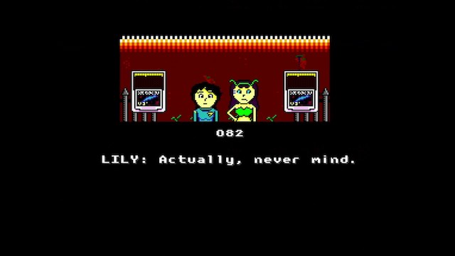 A screenshot of Space Ava 201 showing Lily sad that you aren't using the arcade card