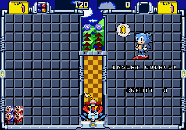 Gameplay of SegaSonic Bros. Sonics fall from the top of the screen, Eggman in the center