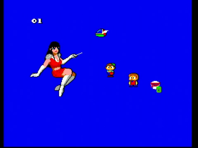 Double Target. A large sprite of Mary leads a choir of small sprites of Teddy Boy, Alex Kidd, and Pit Pot as the Fantasy Zone ship flies by.