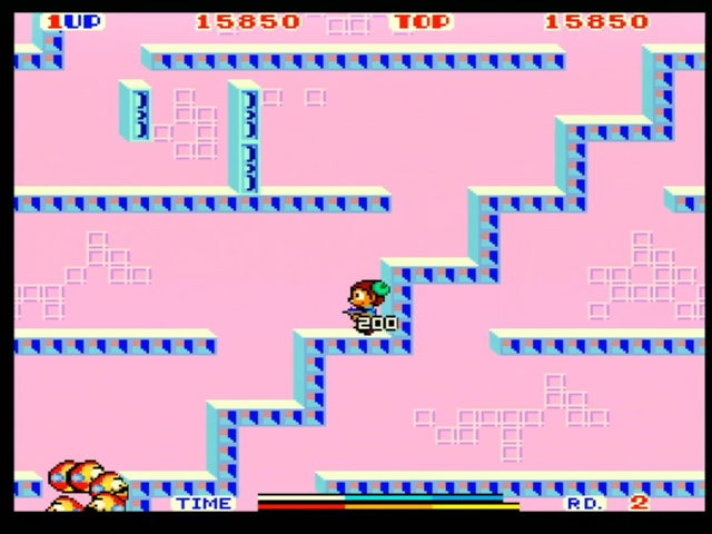 Teddy Boy Blues gameplay. A row of platforms divides the screen diagonally, but you can cross