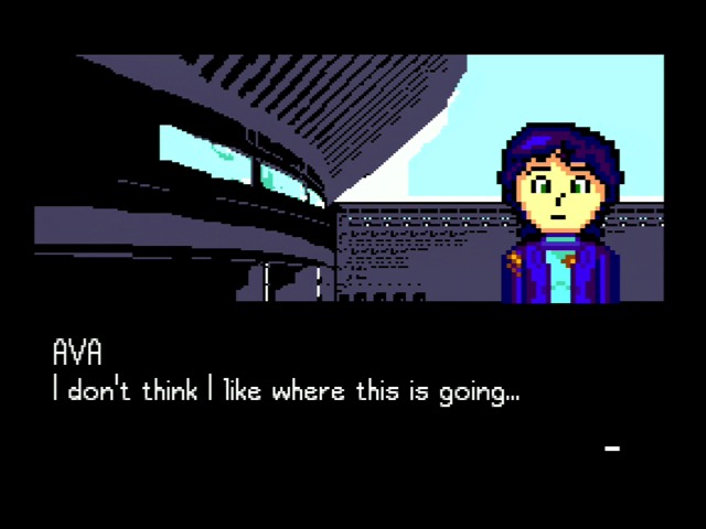 ava's got a spiffy blazer, what could it mean A zoomed sprite of Ava (from Space Ava) on top of a non-zoomed background. The text says 'AVA: I don't think I like where this is going...' in a variable-width font
