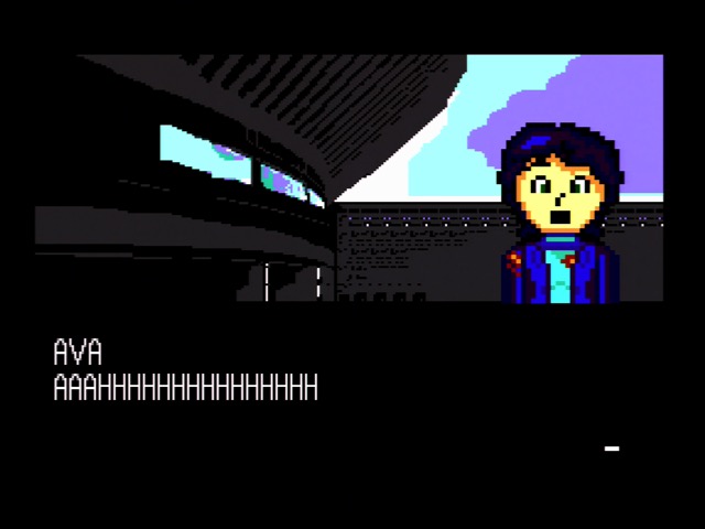 dunno what her problem is A zoomed sprite of Ava (from Space Ava) on top of a non-zoomed background. Ava is screaming, but her sprite is fine. The text says 'AVA: AHHHHHHHHHH' in a variable-width font