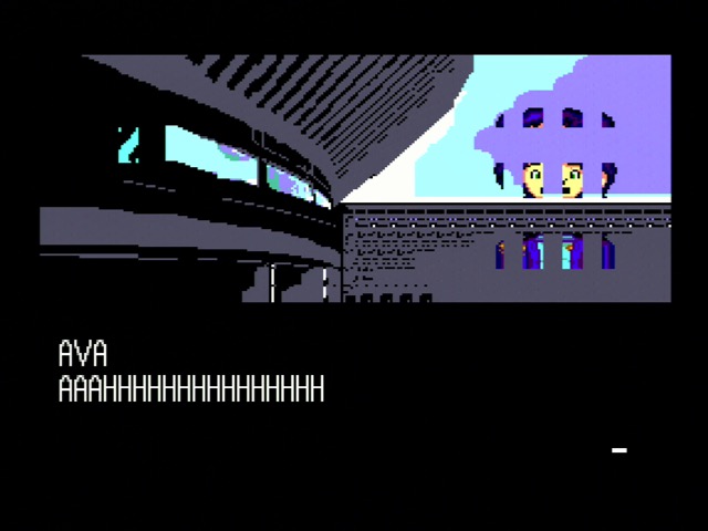 omae wa mou shindeiru A zoomed sprite of Ava (from Space Ava) on top of a non-zoomed background. Ava is broken into 8x16 pieces. The text says 'AVA: AHHHHHHHHHH' in a variable-width font