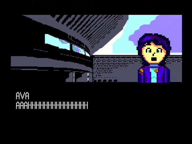 technically, this could be higher resolution, but then i'd have to draw at a higher resolution A zoomed sprite of Ava (from Space Ava) on top of a non-zoomed background. Ava is screaming, but her sprite is fine. The text says 'AVA: AHHHHHHHHHH' in a variable-width font
