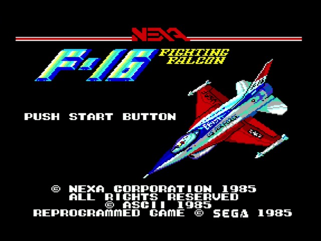 the original F-16 had a 16-bit CPU, so of course sacrifices had to be made bringing it home F-16 Fighting Falcon title screen, too colorful to be a TMS9918A mode