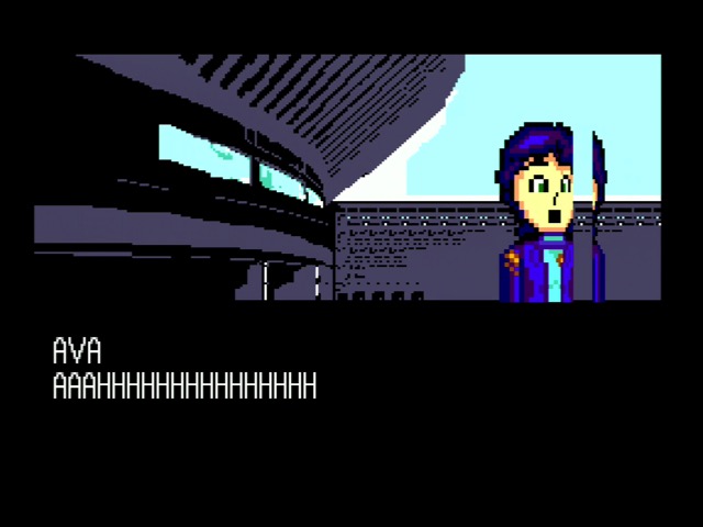 slicing a few strips off of ava A zoomed sprite of Ava (from Space Ava) on top of a non-zoomed background. Ava has two horizontal strips and two properly zoomed sprites. The text says 'AVA: AHHHHHHHHHH' in a variable-width font