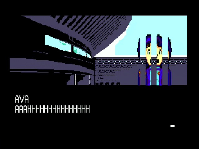 ok i guess it was bad A zoomed sprite of Ava (from Space Ava) on top of a non-zoomed background. Ava consists of horizontal strips. The text says 'AVA: AHHHHHHHHHH' in a variable-width font
