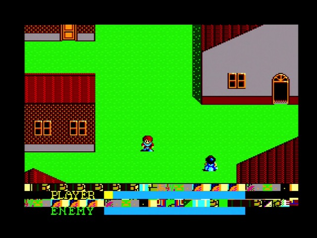there are some minor color differences between the VDPs, but I bet the bigger cause here is the differing cables Ys gameplay in the first town. The status bar is glitched.