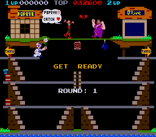 Popeye start of first level. Olive Oyl encourages Popeye to catch hearts. Bluto/Brutus isn't pleased.
