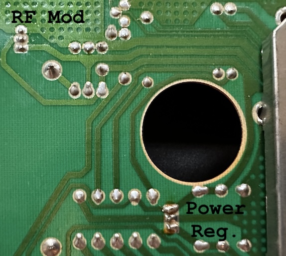 Circuitboard showing locations of the RF modulator and the voltage regulator
