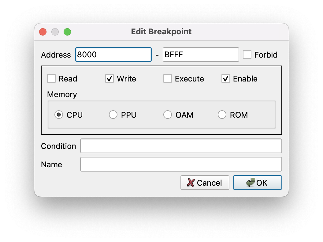 FCEUX breakpoint window, showing a breakpoint covering writing