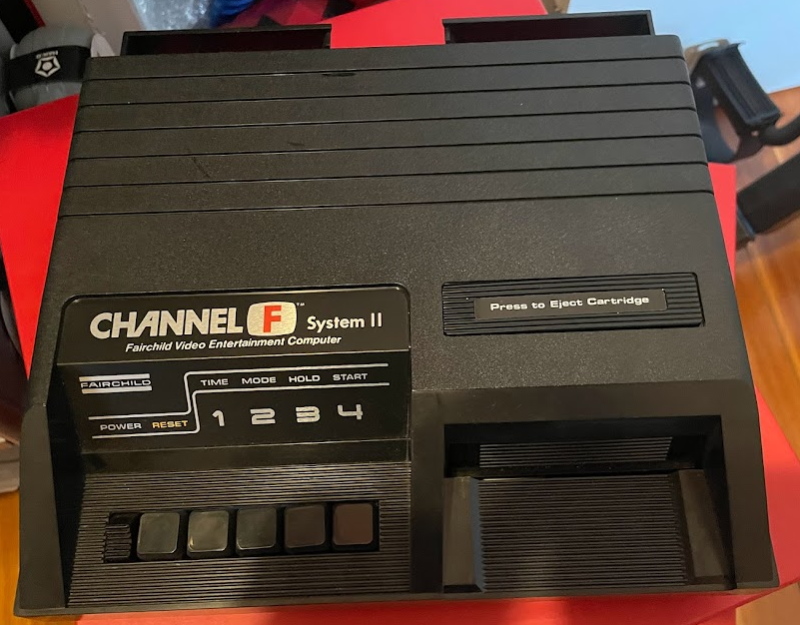 The Fairchild Channel F System II on a pile of boxes