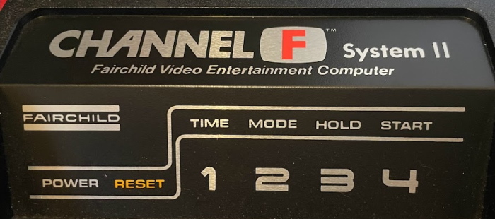 The Fairchild Channel F System II logo on the console. It claims to be a Video Entertainment Computer.