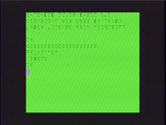 captain it's fine Color Computer boot screen, with more text