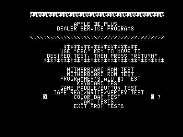 Apple II diagnostics running on an Apple II showing a menu