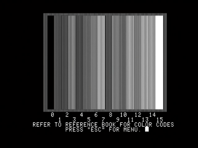 Apple II diagnostics running on an Apple II showing color bars, but they are not in color
