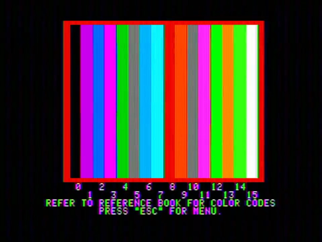Apple II diagnostics running on an Apple II showing color bars with an overly saturated palette