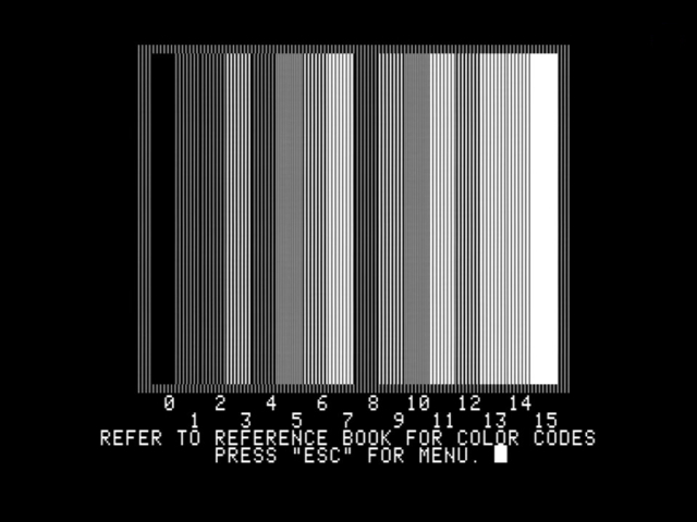 Apple II diagnostics running on an Apple II showing color bars, but they are not in color
