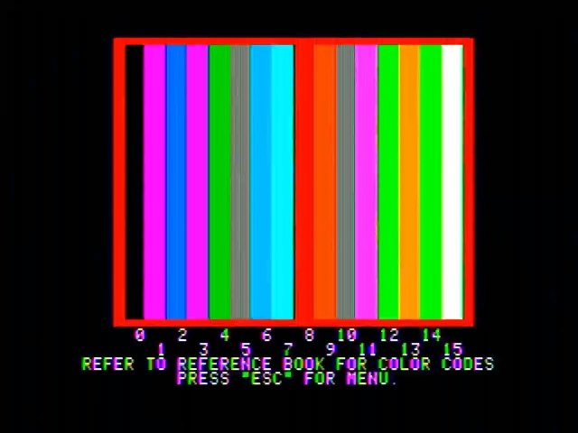 Apple II diagnostics running on an Apple II showing color bars with an overly saturated palette