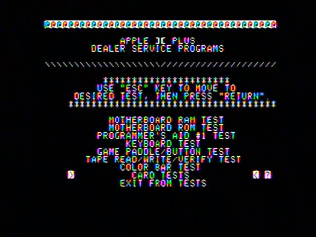 Apple II diagnostics running on an Apple II showing a menu