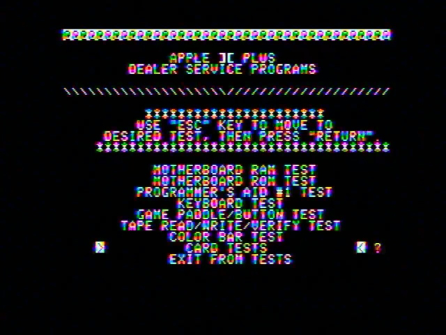 Apple II diagnostics running on an Apple II showing a menu