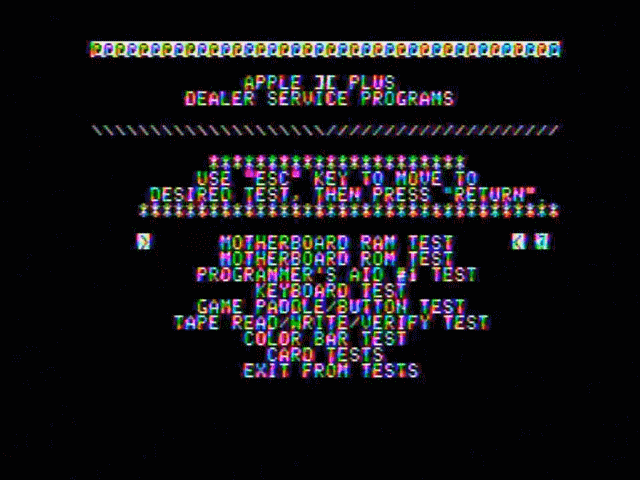 Apple II diagnostics running on an Apple II showing a menu; the colors are fluctuating constantly