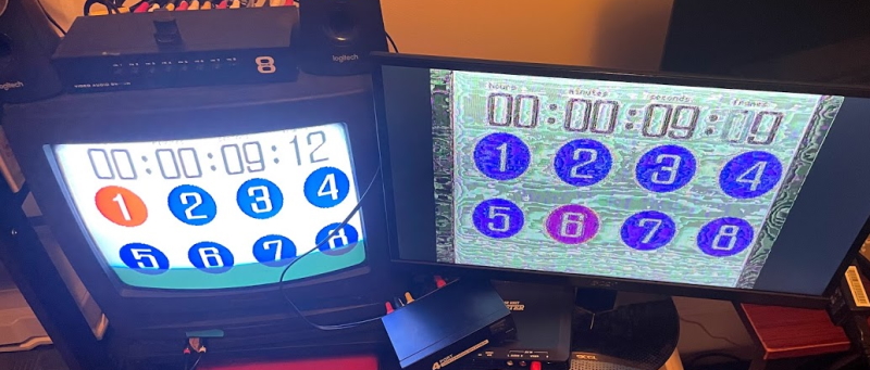 240p Test Suite lag tester on two screens. One is a CRT TV, the other looks terrible