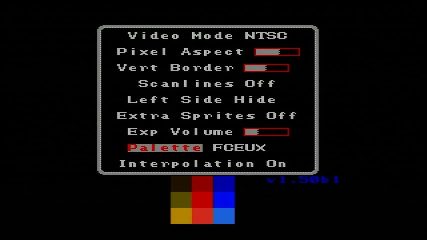 RetroUSB AVS options screen, showing a palette selection currently using 'FCEUX'