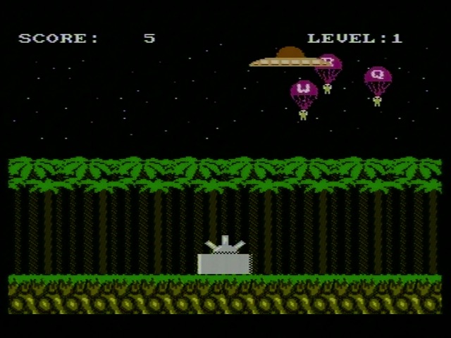 A UFO drops down people parachuting; their parachutes have letters on them