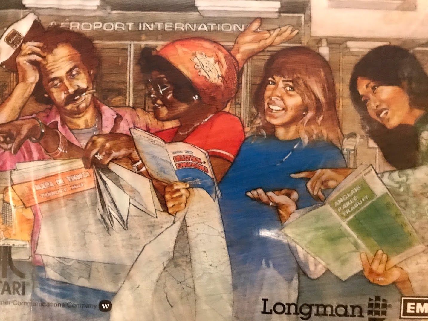 The cover art of Conversational German, featuring a number of tourists holding guides and maps in various languages