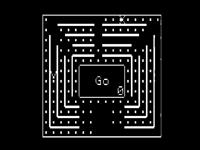 Gameplay of Sega's Dottori-kun. A monochrome car represented by an arrow in a monochrome maze is chased by an enemy represented by an X