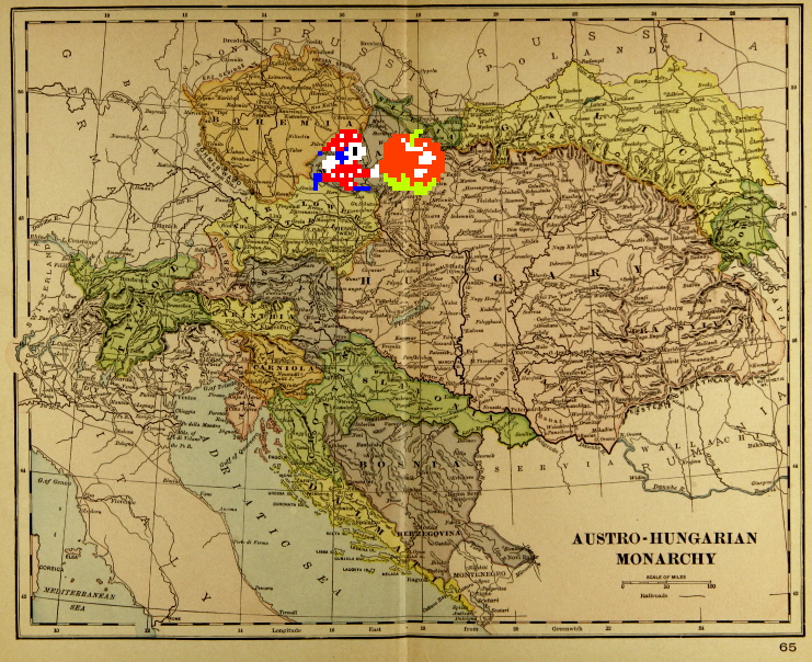 A map of the Austro-Hungarian Empire. Mr. Do pushes an apple off of Austria and into Hungary.