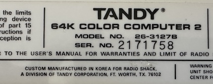 Tandy Color Computer 2 serial label, noting that it was custom manufactured in korea for radio shack