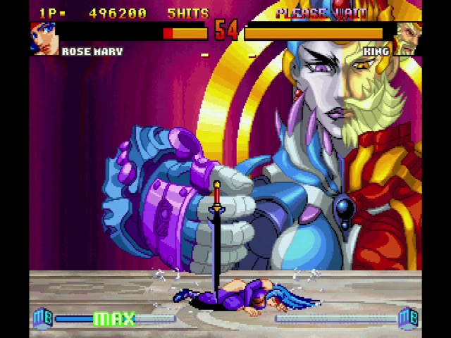 Rose Mary fighting King, a large background character with a half-male and half-female appearance
