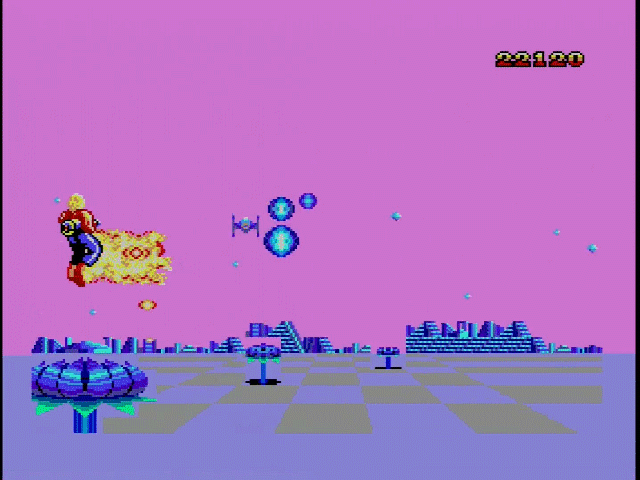 Space Harrier 3D gameplay showing software sprites, alternating two frames