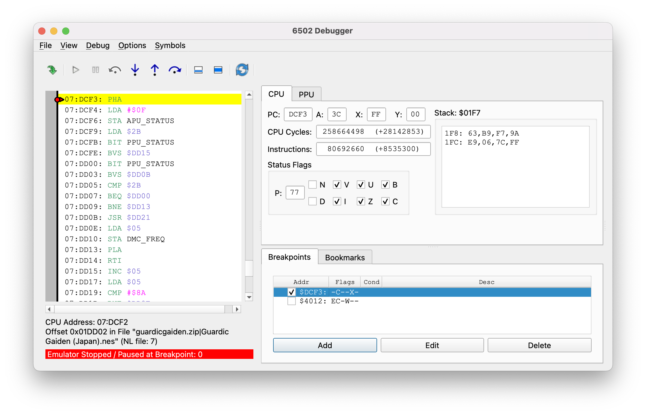 The 6502 Debugger, stopped on a breakpoint