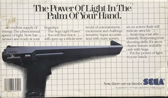 The back of the box of the Sega Light Phaser, which calls it 'Sensitive' and 'Super accurate'