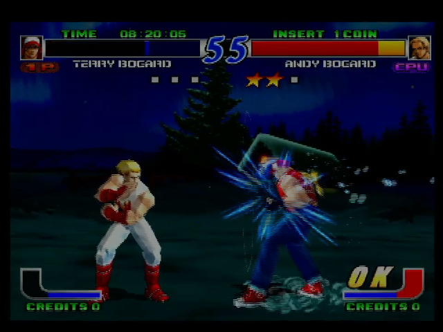 Terry Bogard being attacked, by Andy and also by a swarm of lines