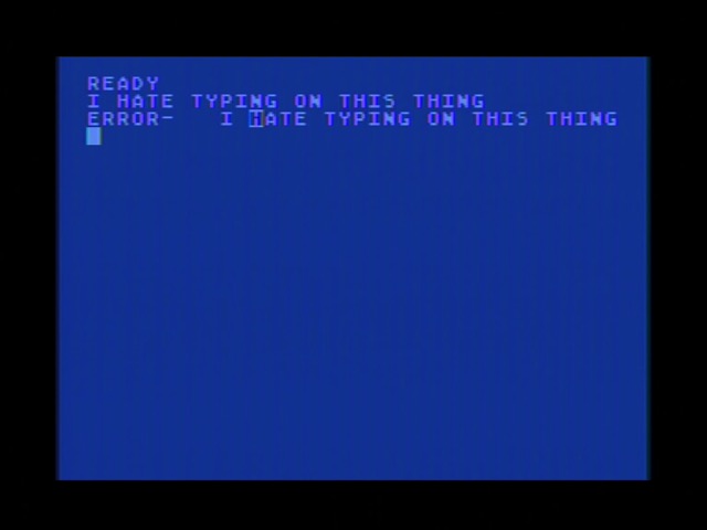 Atari XE BASIC prompt. I tried to write 'I HATE TYPING ON THIS THING' but it's an error