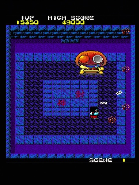 Kiki Kaikai gameplay. Pocky fires at an angle during a boss fight, missing the enemy.