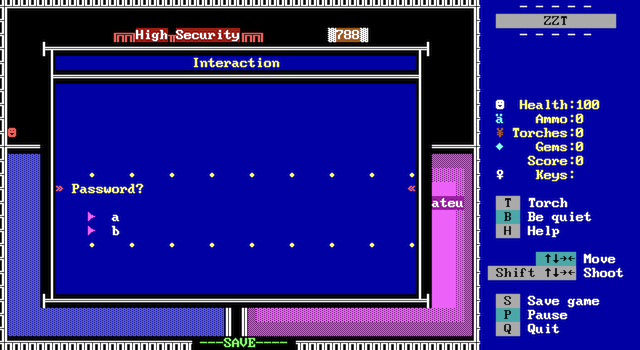 Parell Wars 1 for ZZT. You are asked for a password and given options 'a' and 'b'.