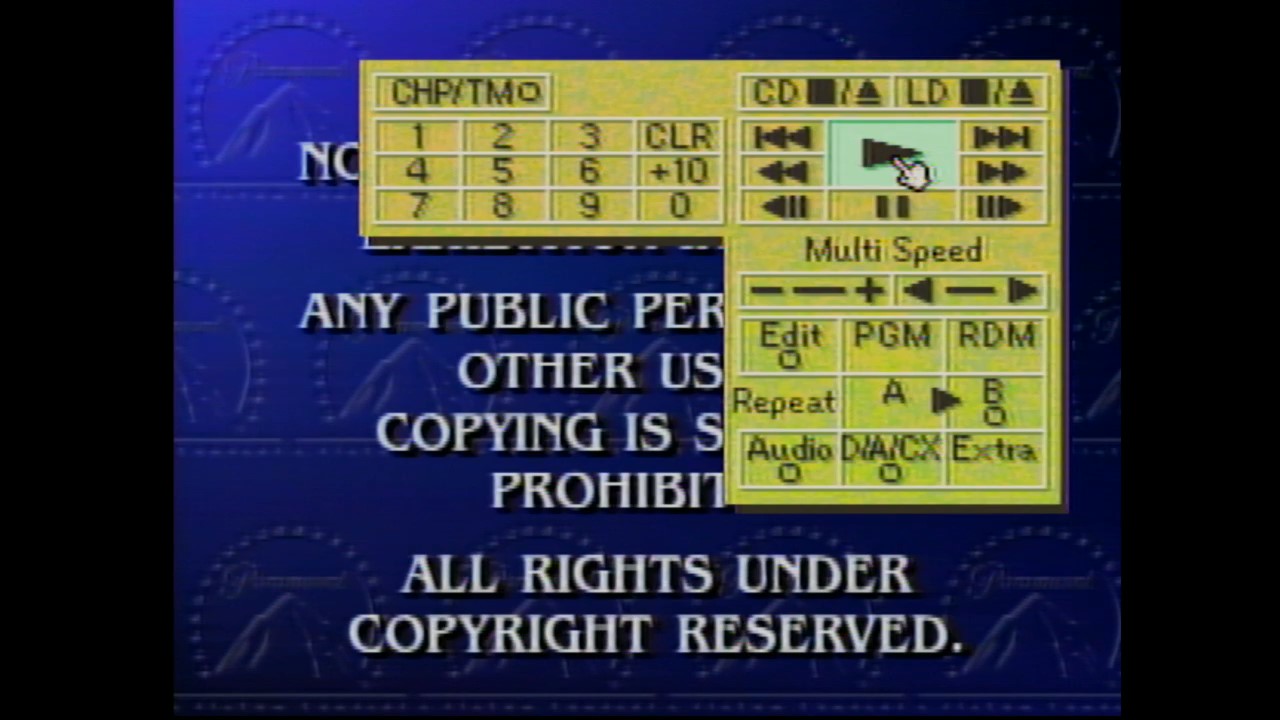 A copyright notice from a Laserdisc, with some menus on top of it