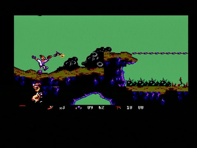 Earthworm Jim jumps. At the bottom his stats are all small