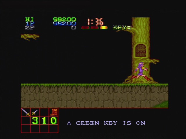 A door. A text string at the bottom of the screen says 'A GREEN KEY IS ON'