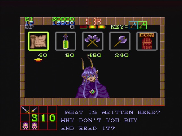 Legend of Makai gameplay. The shopkeeper tells me 'What is written here? Why don't you buy it and find out?'