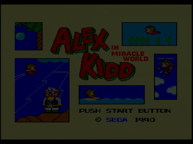 The title screen of Alex Kidd in Miracle World. All of the colors are dark.