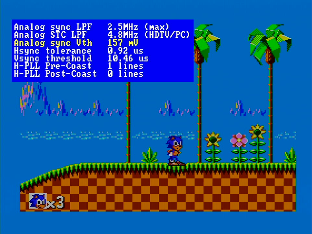 Sonic the Hedgehog with an OSSC menu overlaid. Analog sync Vth is at 157mV