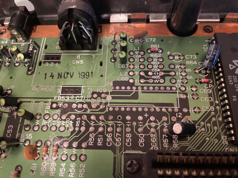 The circuit board of the RGB Master System 2, zoomed in on a region of unpopulated solder dots