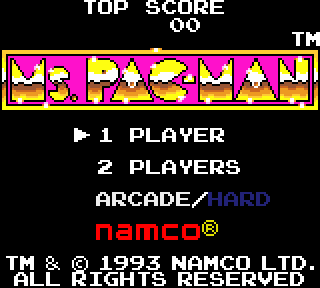 Ms Pac-Man title screen on Game Gear