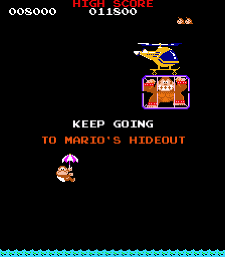 Donkey Kong Jr interlevel screen, KEEP GOING TO MARIO'S HIDEOUT